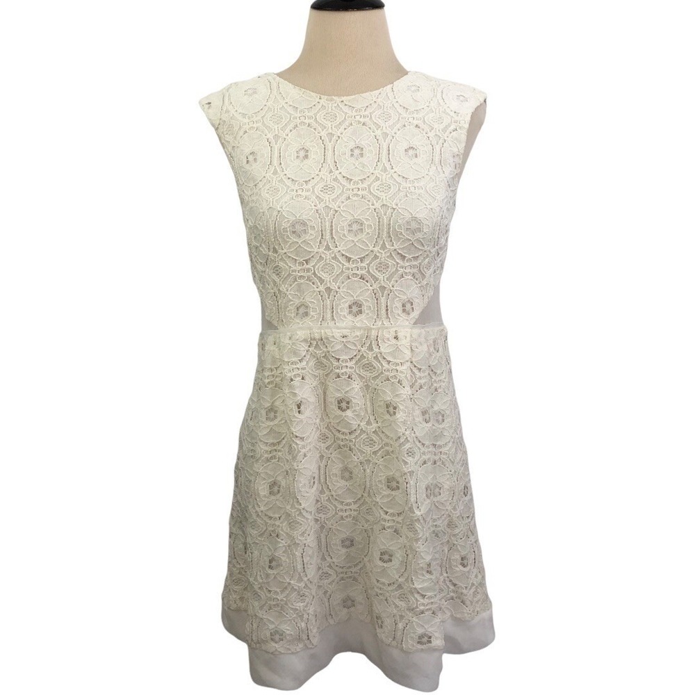 KIMCHI BLUE Cream White Floral Lace DRESS 6 MINI Coquette Feminine Sheer Sides